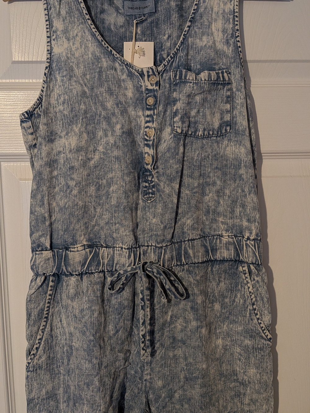 Thread & Supply Blue Acid-Wash Sleeveless Romper with Drawstring